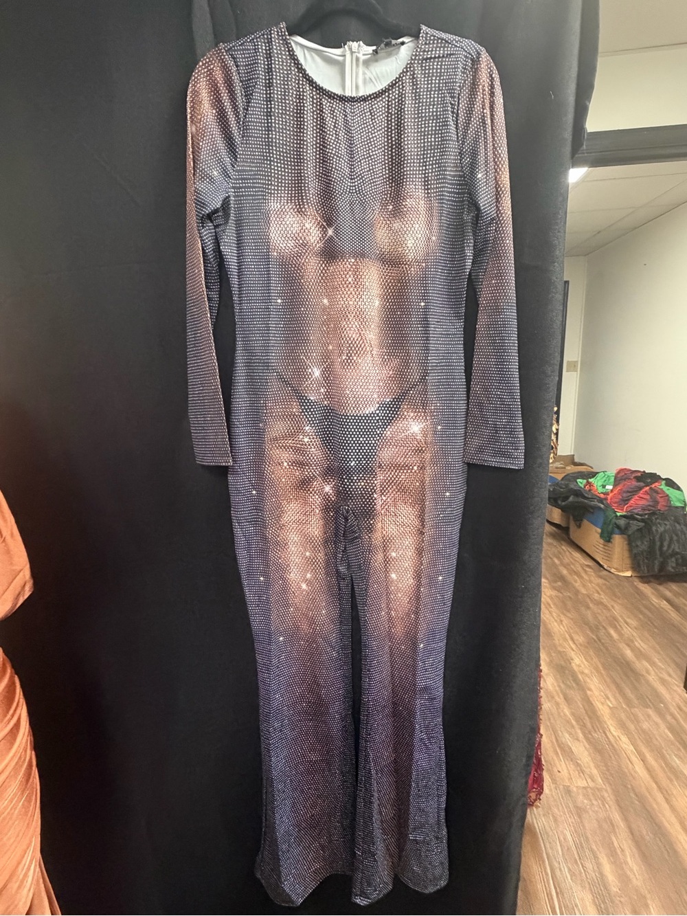 Fashion Nova Sheer Rhinestone Long-Sleeve Jumpsuit in Black